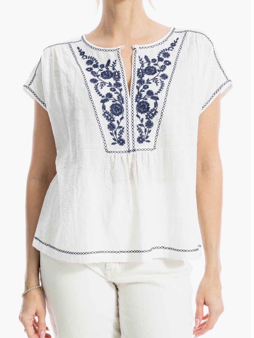 White feminine dainty blouse with blue Embroidered Split-Neck Peasant Top